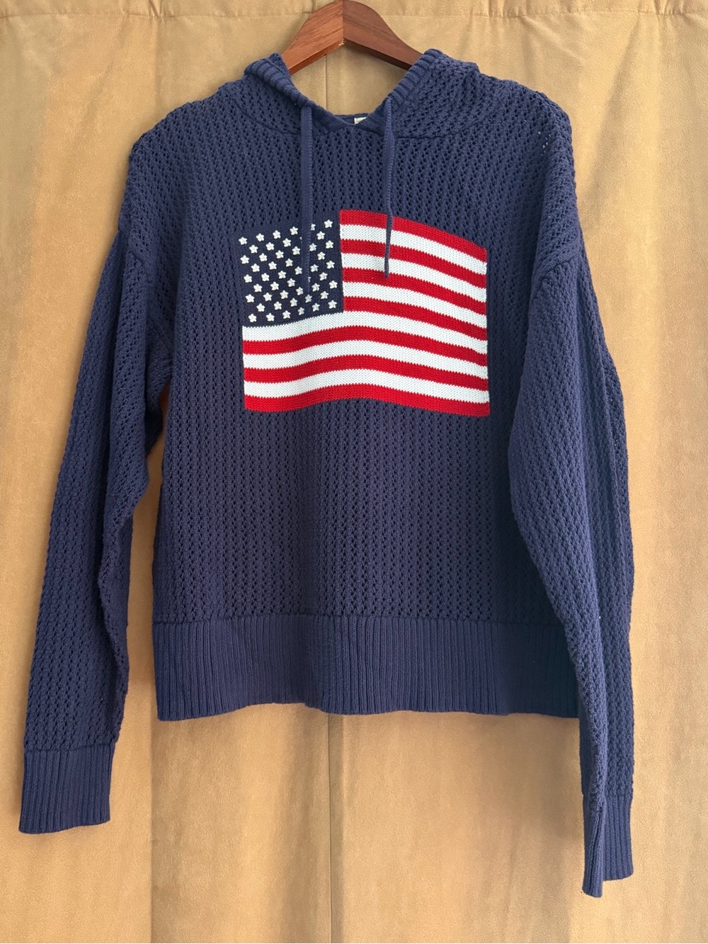 Universal Thread Navy Knit Hoodie Sweater with American Flag Graphic